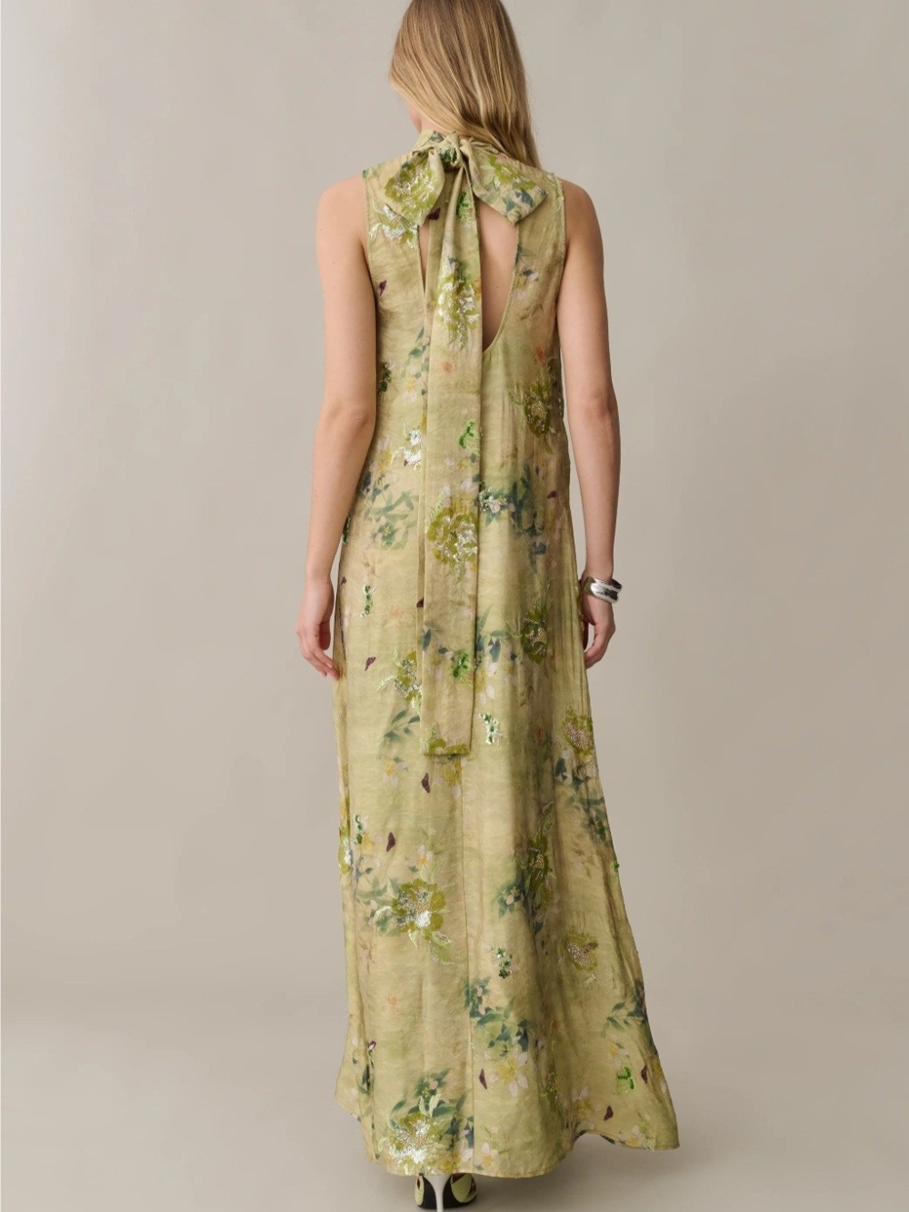 Few Moda O.P.T. High-Neck Floral Maxi Dress in Soft Green With Floral Beading - Picture 4 of 8